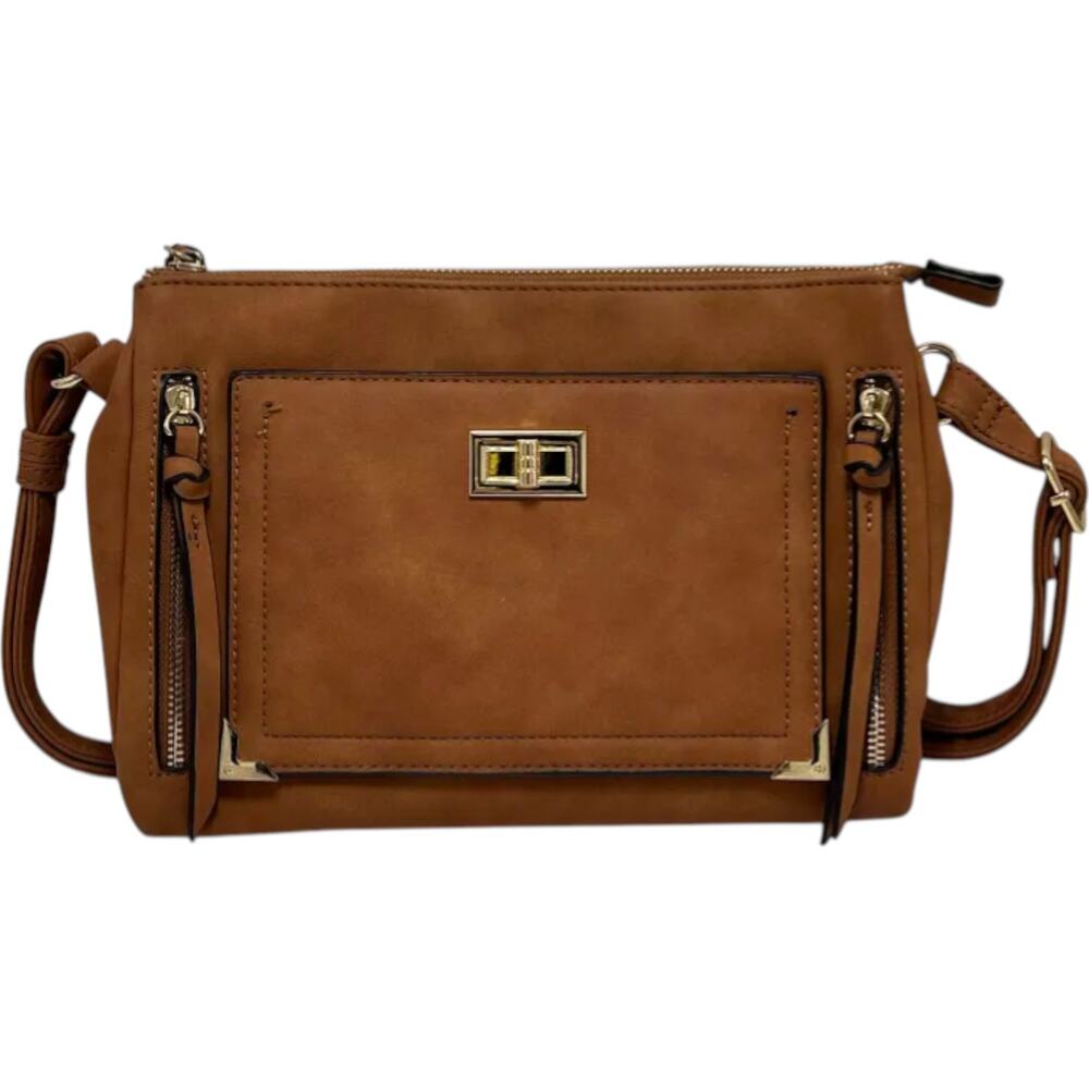 Womens Brown Crossbody Faux Leather Organizer Purse Gold Hardware Zip Clean Girl